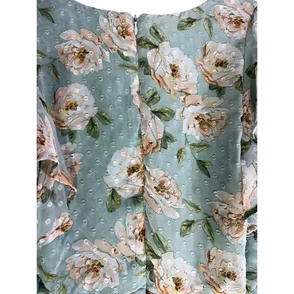 Altar’d State Green Floral Midi Dress Ruffle Sleeve V Neck No Belt - Picture 9 of 10
